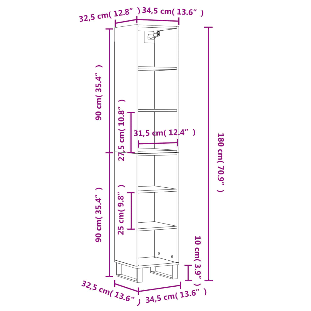 vidaXL Aparador de madera contrachapada color roble 34,5x32,5x180 cm