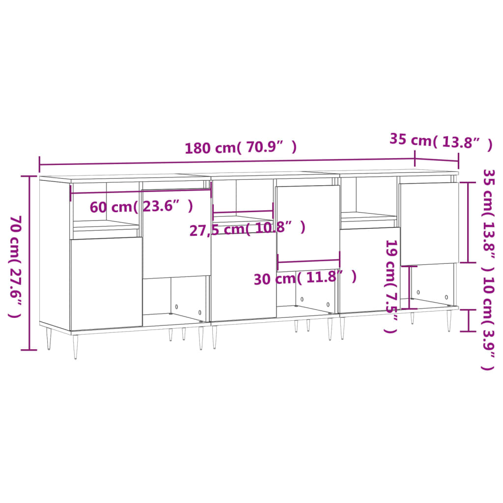 vidaXL Aparadores 3 uds madera contrachapada negro