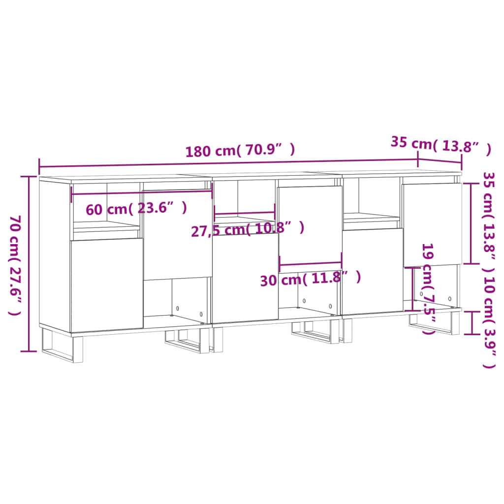 vidaXL Aparadores 3 uds madera contrachapada blanco brillo