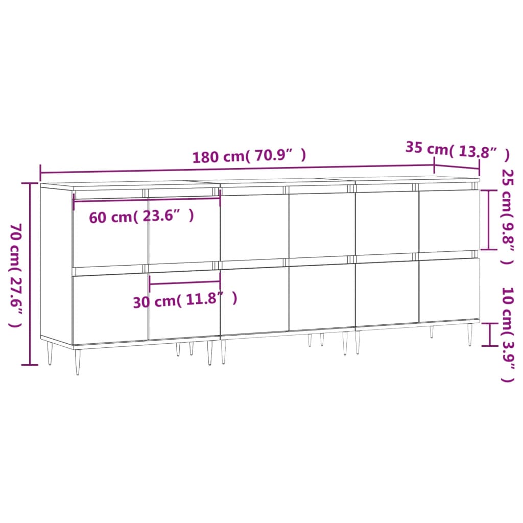 vidaXL Aparadores 3 uds madera contrachapada gris Sonoma