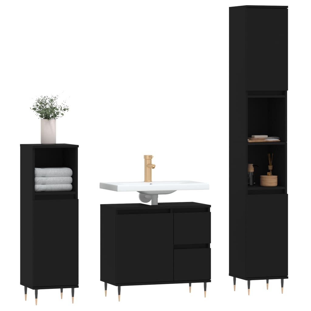 vidaXL Juego de muebles de baño 3 pzas madera contrachapada negro