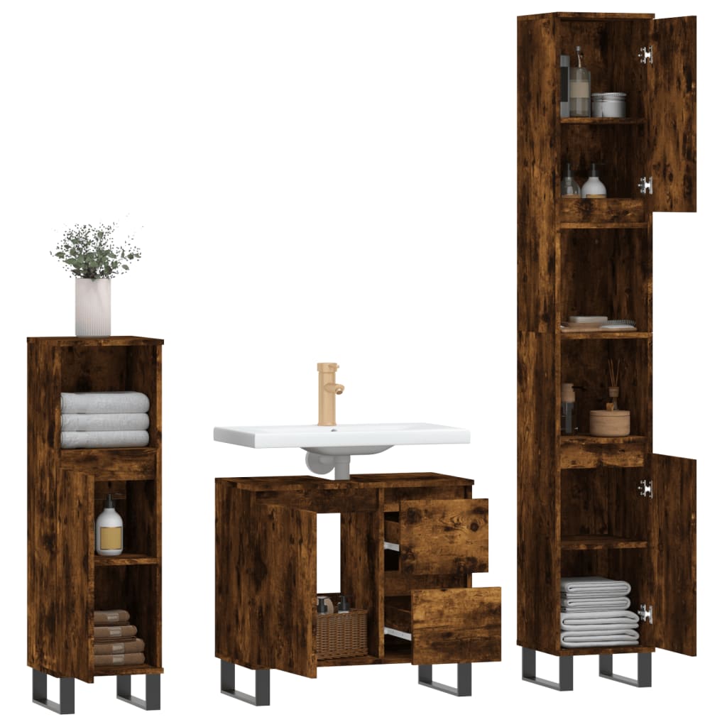 vidaXL Set de muebles baño 3 pzas madera contrachapada roble ahumado