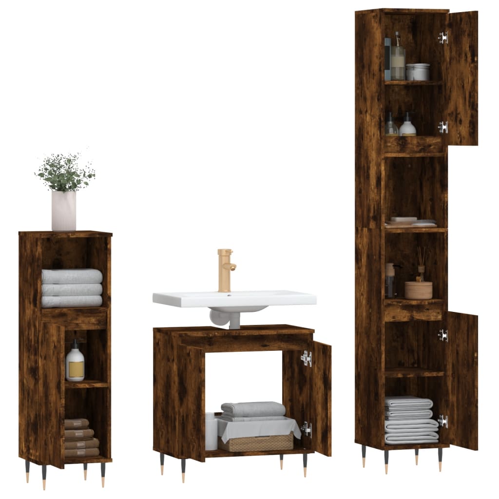 vidaXL Set de muebles baño 3 pzas madera contrachapada roble ahumado