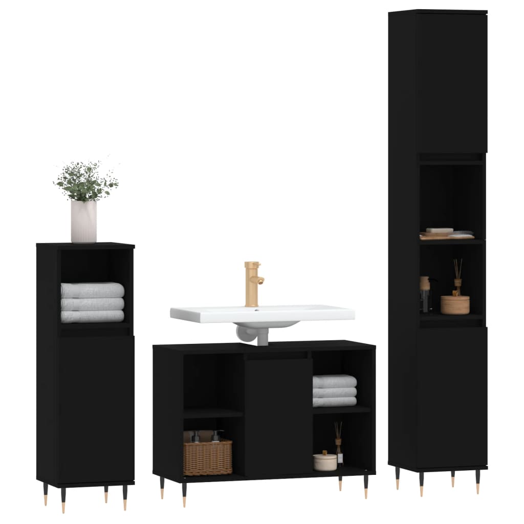 vidaXL Juego de muebles de baño 3 pzas madera contrachapada negro