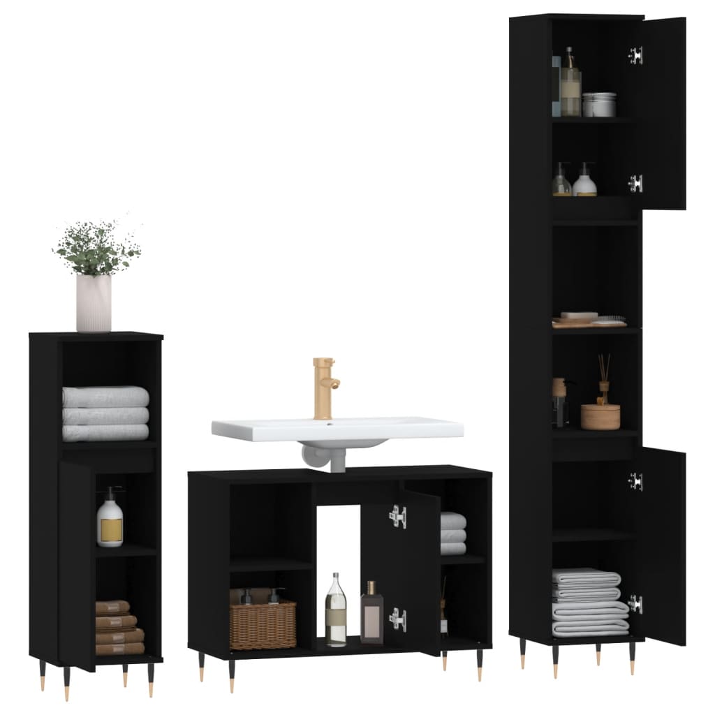 vidaXL Juego de muebles de baño 3 pzas madera contrachapada negro