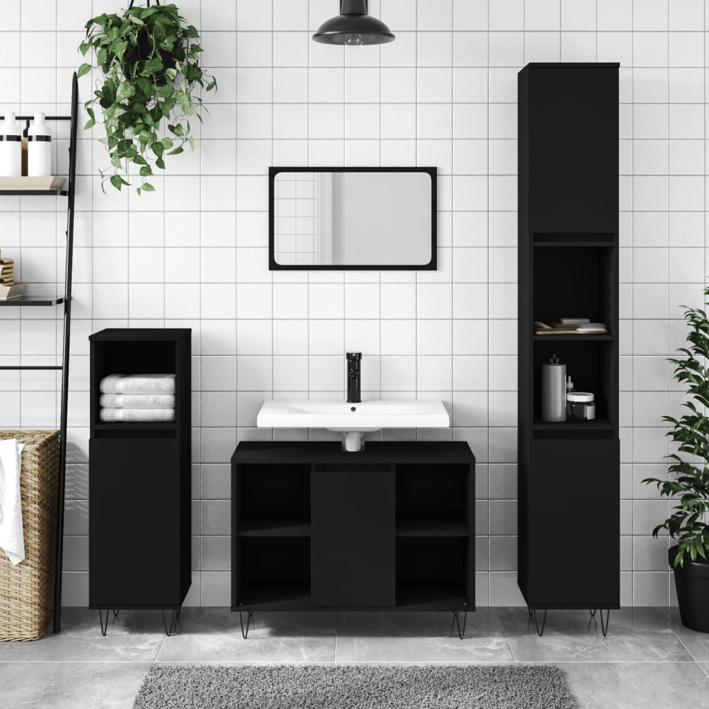 vidaXL Juego de muebles de baño 3 pzas madera contrachapada negro