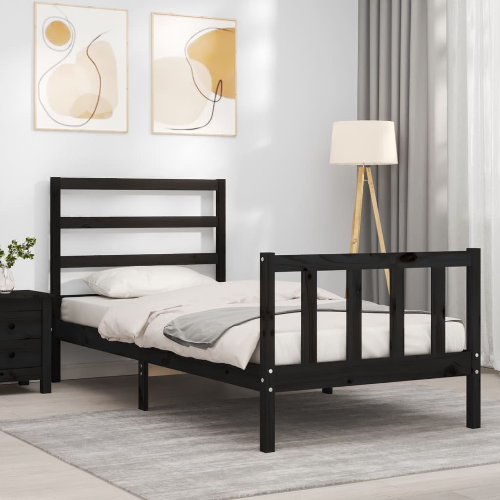 vidaXL Estructura de cama individual con cabecero madera maciza negro