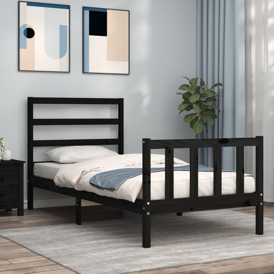 vidaXL Estructura de cama individual con cabecero madera maciza negro