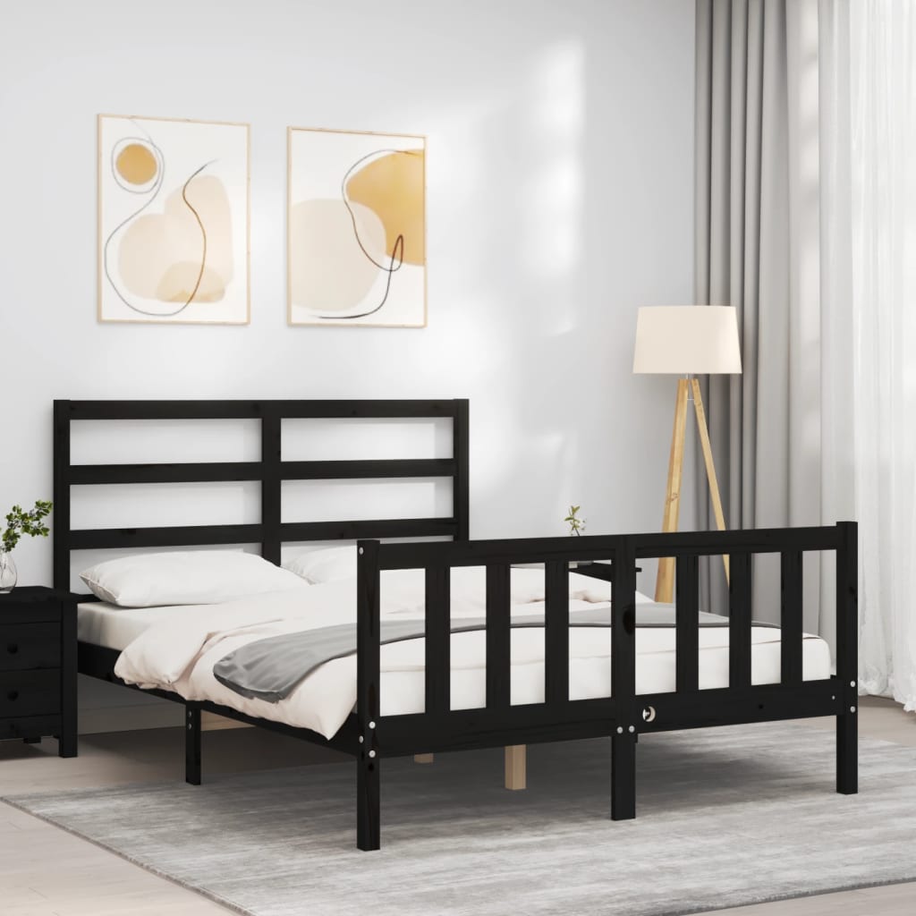 vidaXL Estructura de cama con cabecero madera maciza negro 140x190 cm