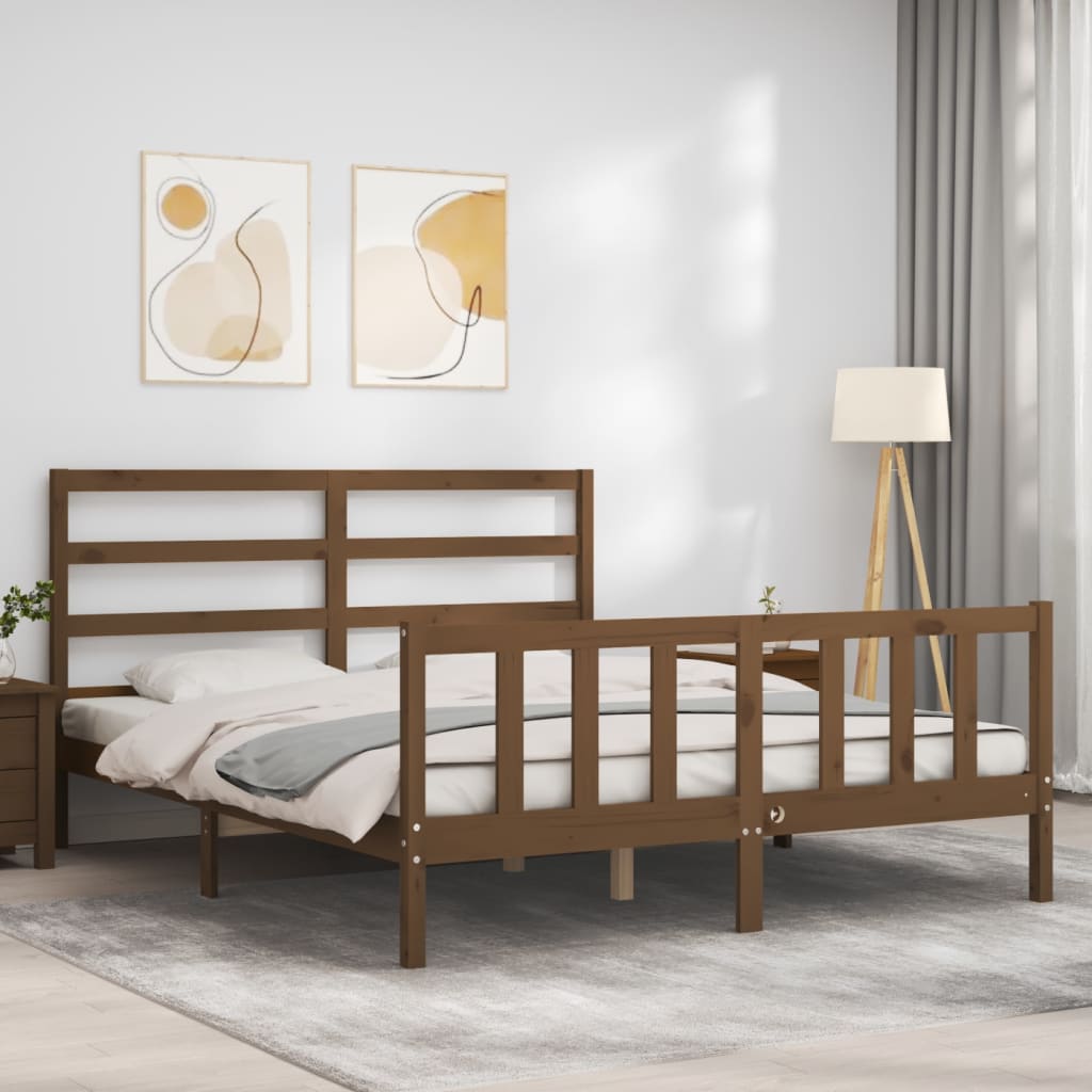 vidaXL Estructura de cama matrimonio con cabecero madera marrón miel