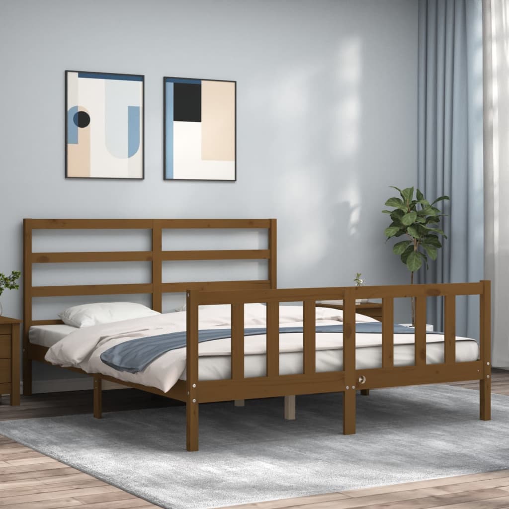 vidaXL Estructura de cama matrimonio con cabecero madera marrón miel