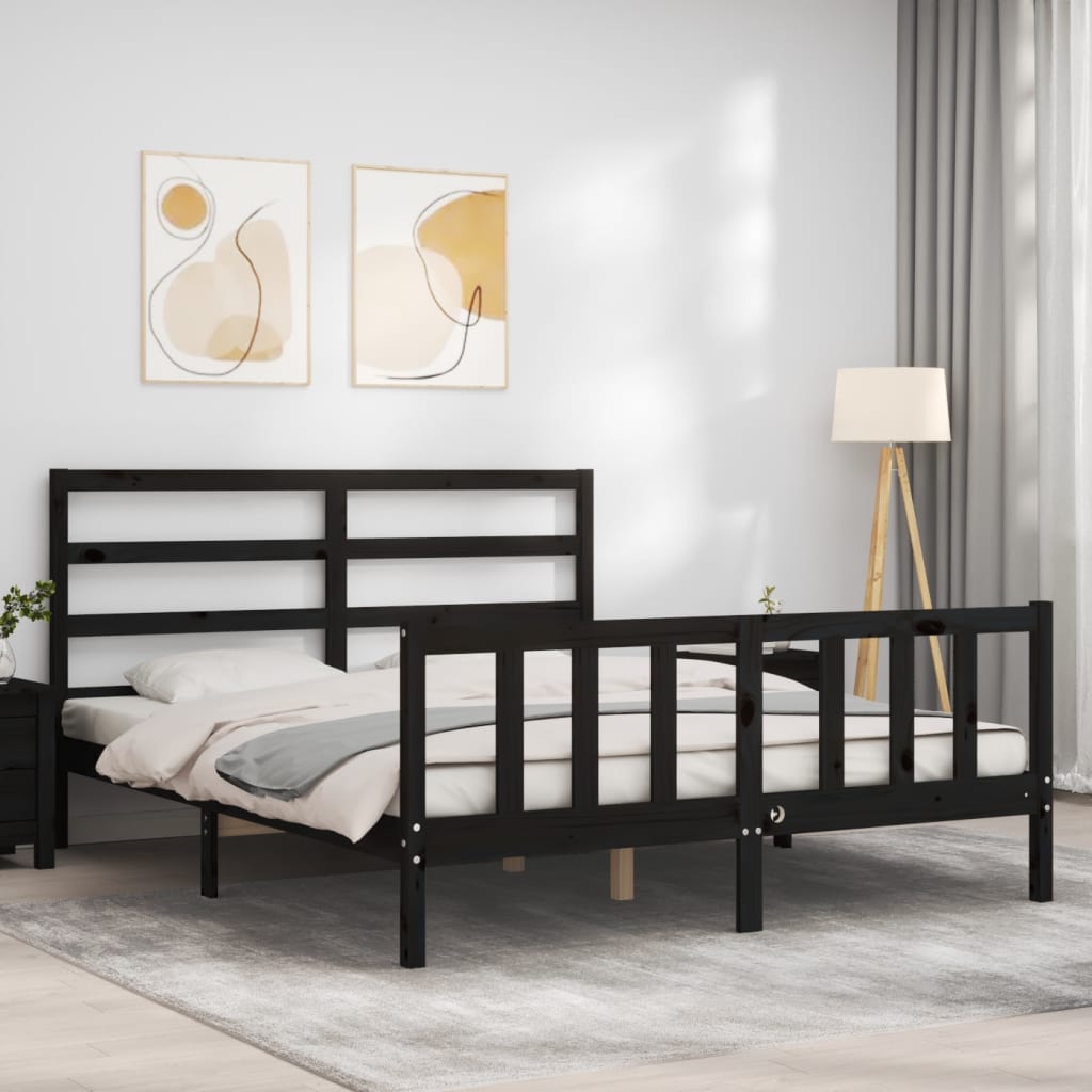 vidaXL Estructura cama de matrimonio con cabecero madera maciza negro