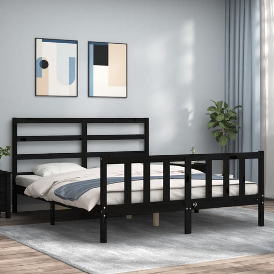 vidaXL Estructura cama de matrimonio con cabecero madera maciza negro