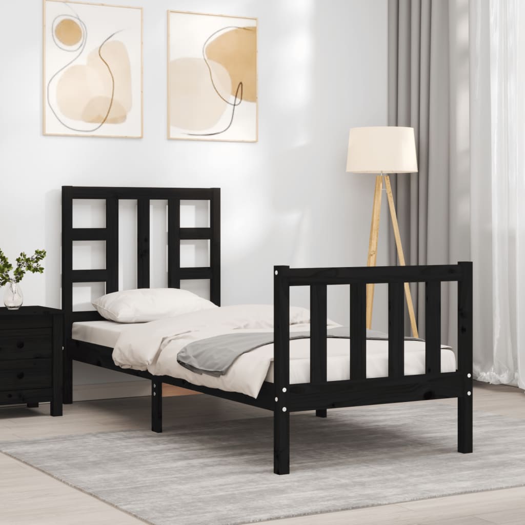 vidaXL Estructura de cama individual con cabecero madera maciza negro