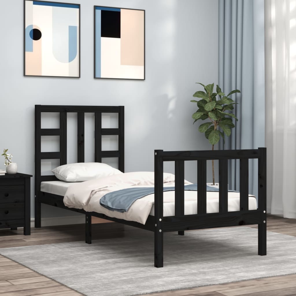 vidaXL Estructura de cama individual con cabecero madera maciza negro