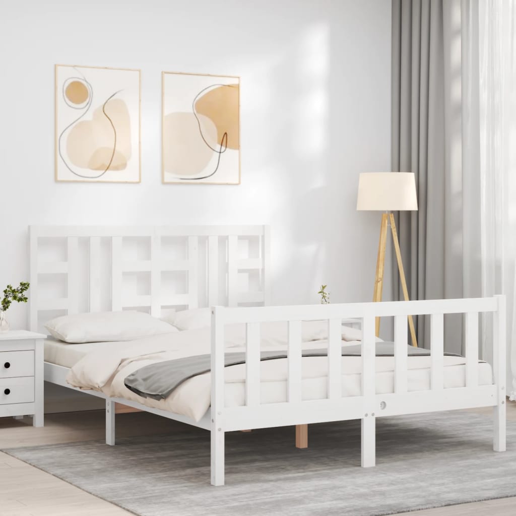 vidaXL Estructura de cama matrimonio con cabecero madera maciza blanco