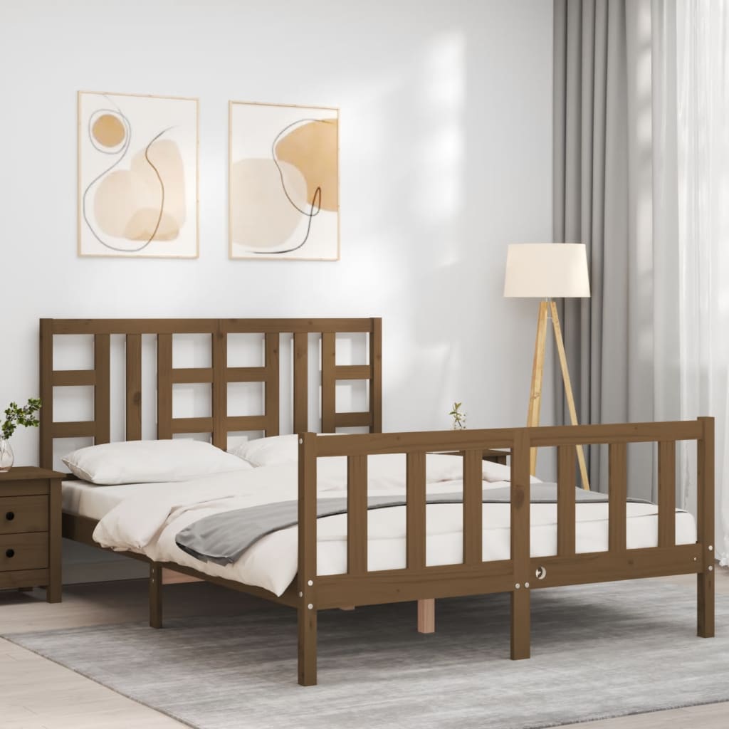 vidaXL Estructura de cama matrimonio con cabecero madera marrón miel