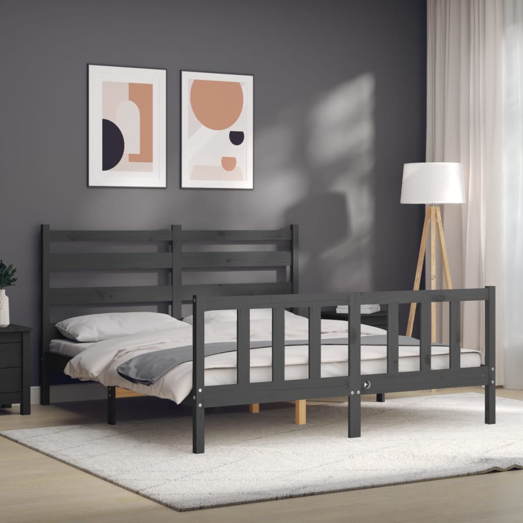 vidaXL Estructura de cama matrimonio con cabecero madera maciza gris