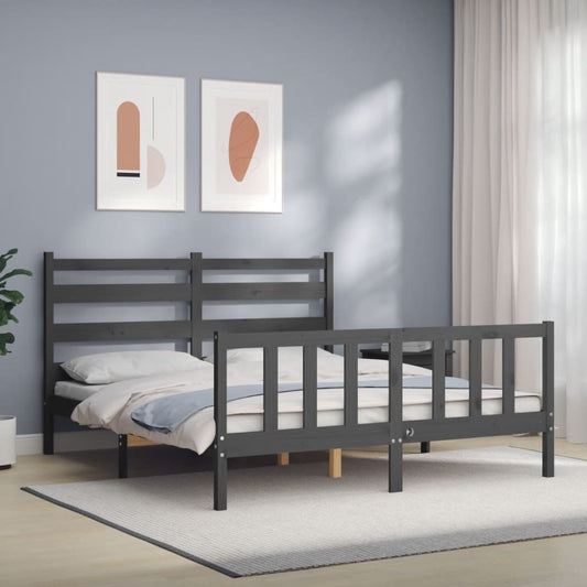 vidaXL Estructura de cama matrimonio con cabecero madera maciza gris