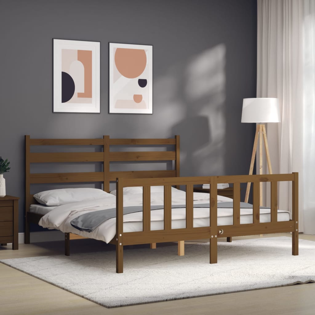 vidaXL Estructura de cama matrimonio con cabecero madera marrón miel