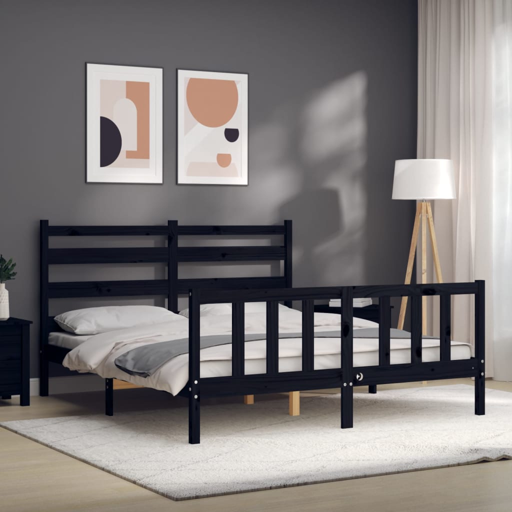 vidaXL Estructura cama de matrimonio con cabecero madera maciza negro