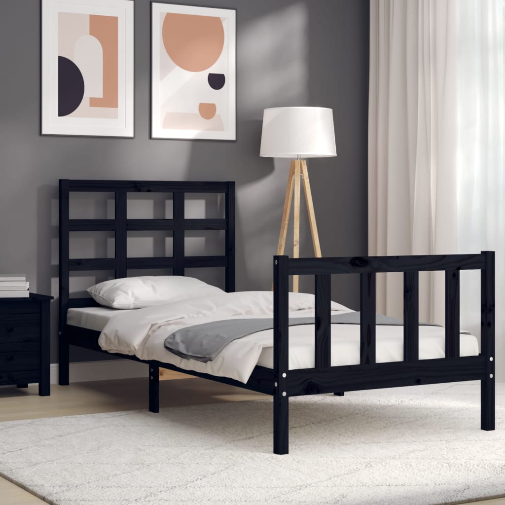 vidaXL Estructura de cama individual con cabecero madera maciza negro