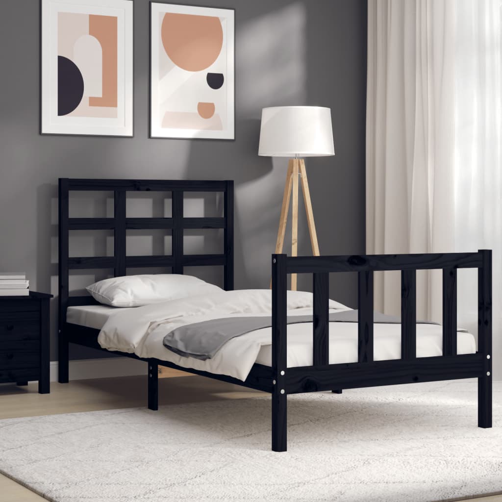 vidaXL Estructura de cama con cabecero madera maciza negro 90x190 cm