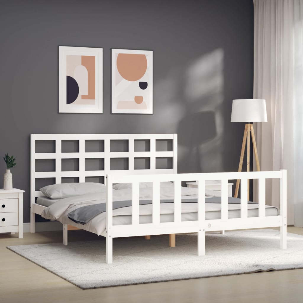 vidaXL Estructura de cama matrimonio con cabecero madera maciza blanco