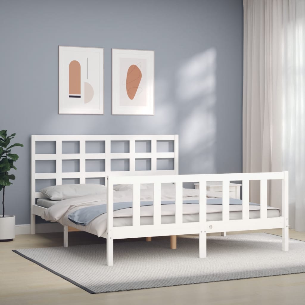 vidaXL Estructura de cama matrimonio con cabecero madera maciza blanco