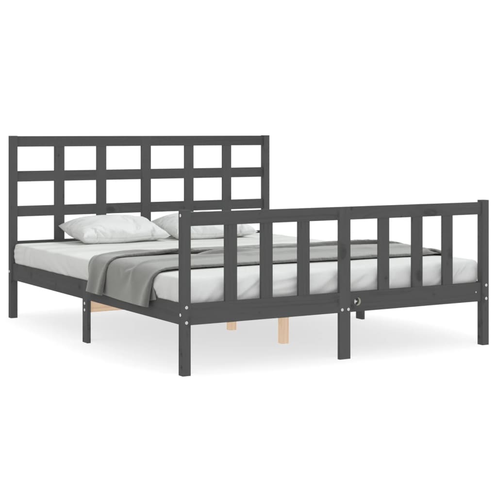 vidaXL Estructura de cama matrimonio con cabecero madera maciza gris