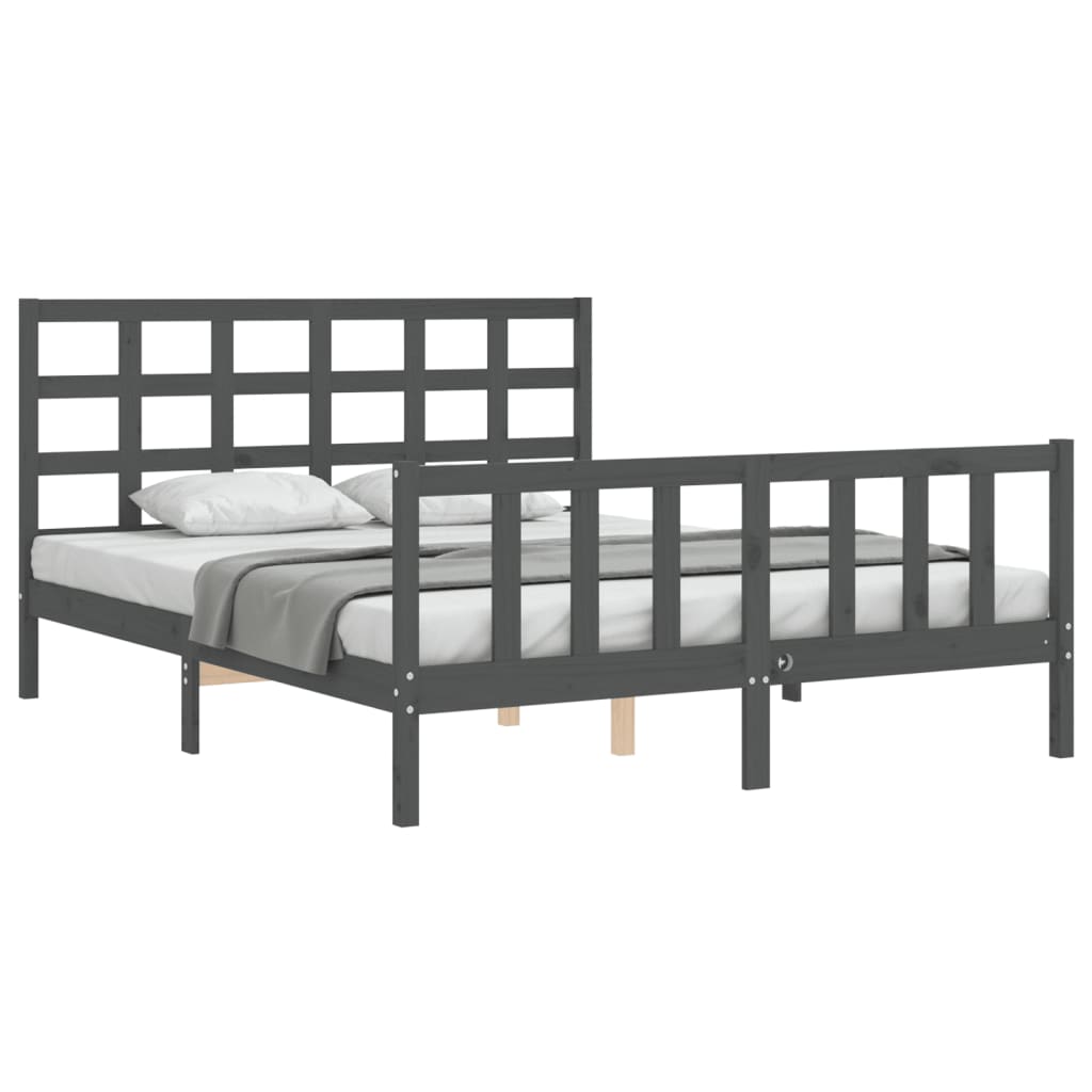 vidaXL Estructura de cama matrimonio con cabecero madera maciza gris