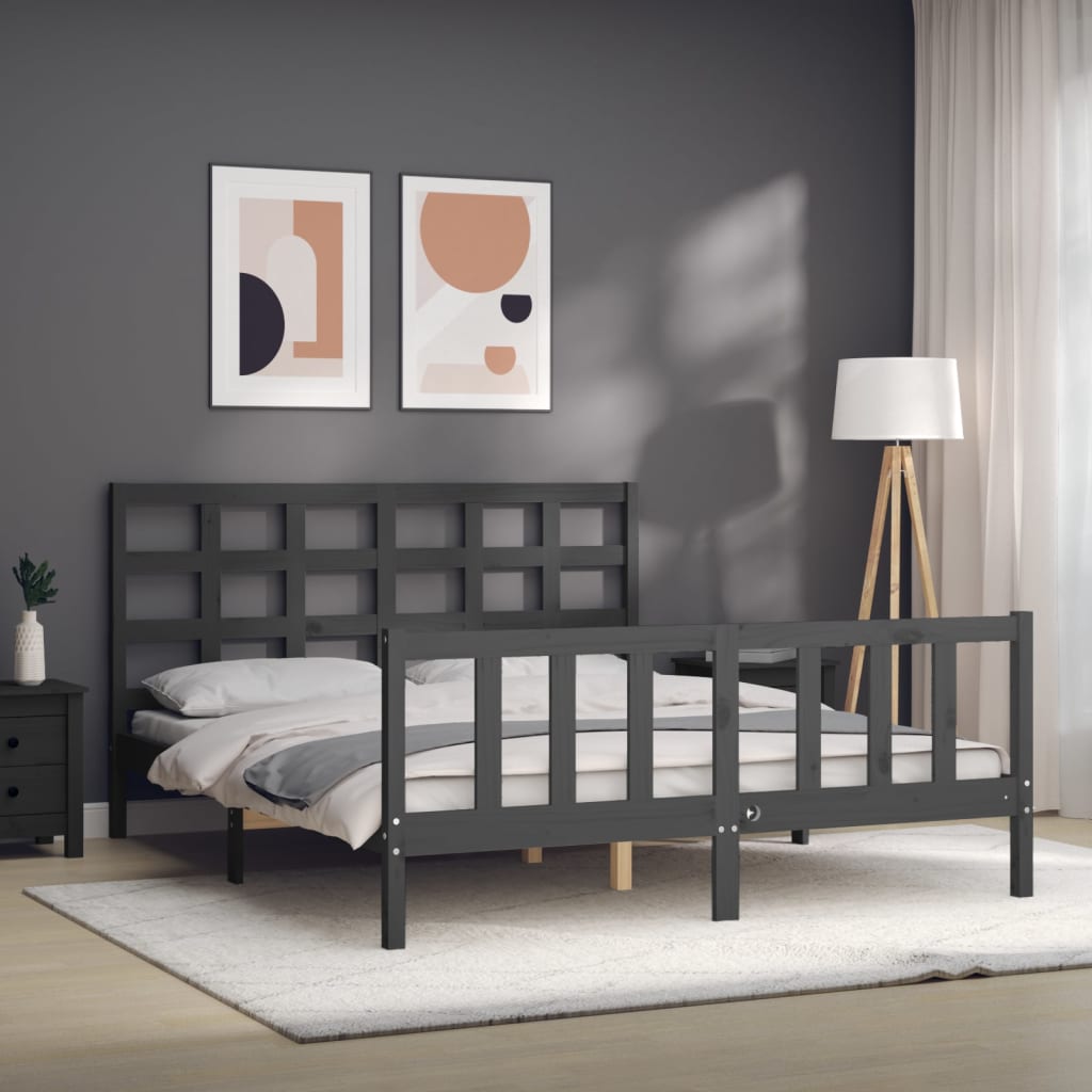 vidaXL Estructura de cama matrimonio con cabecero madera maciza gris