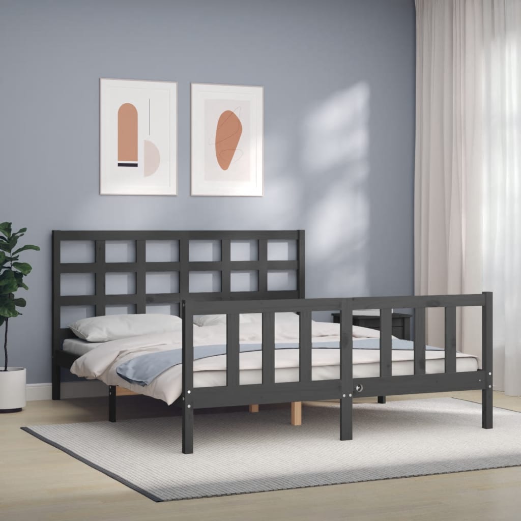 vidaXL Estructura de cama matrimonio con cabecero madera maciza gris