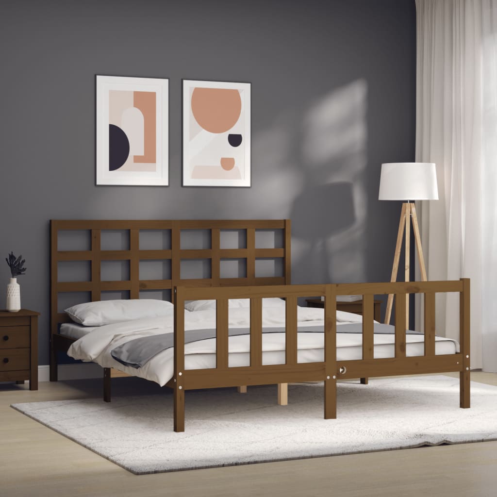 vidaXL Estructura de cama matrimonio con cabecero madera marrón miel