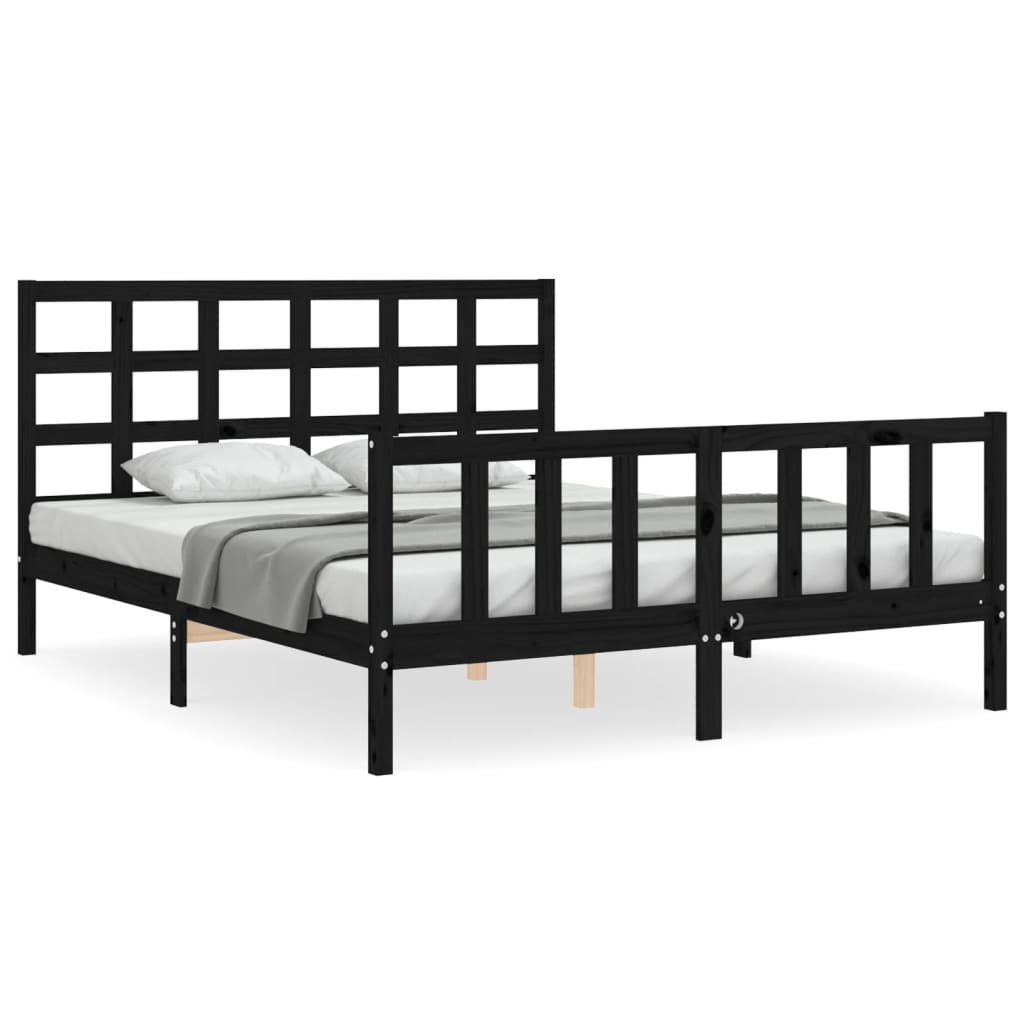 vidaXL Estructura cama de matrimonio con cabecero madera maciza negro