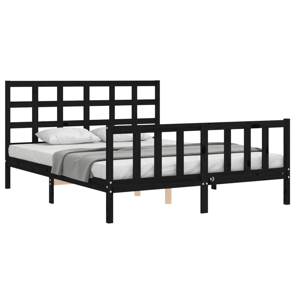 vidaXL Estructura cama de matrimonio con cabecero madera maciza negro