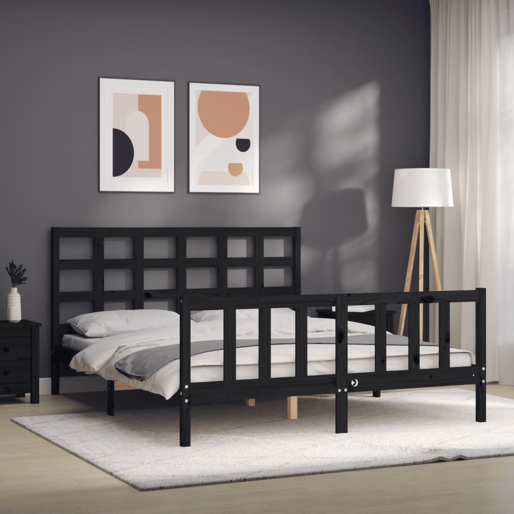 vidaXL Estructura cama de matrimonio con cabecero madera maciza negro