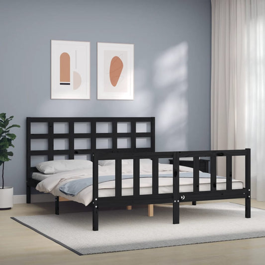 vidaXL Estructura cama de matrimonio con cabecero madera maciza negro