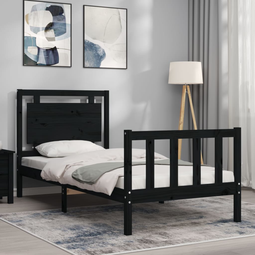 vidaXL Estructura de cama individual con cabecero madera maciza negro