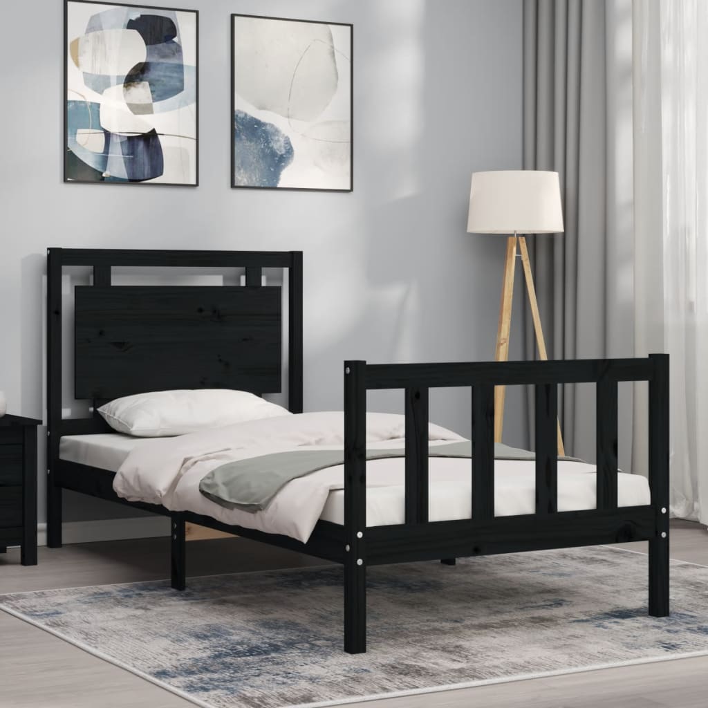 vidaXL Estructura de cama con cabecero madera maciza negro 90x190 cm