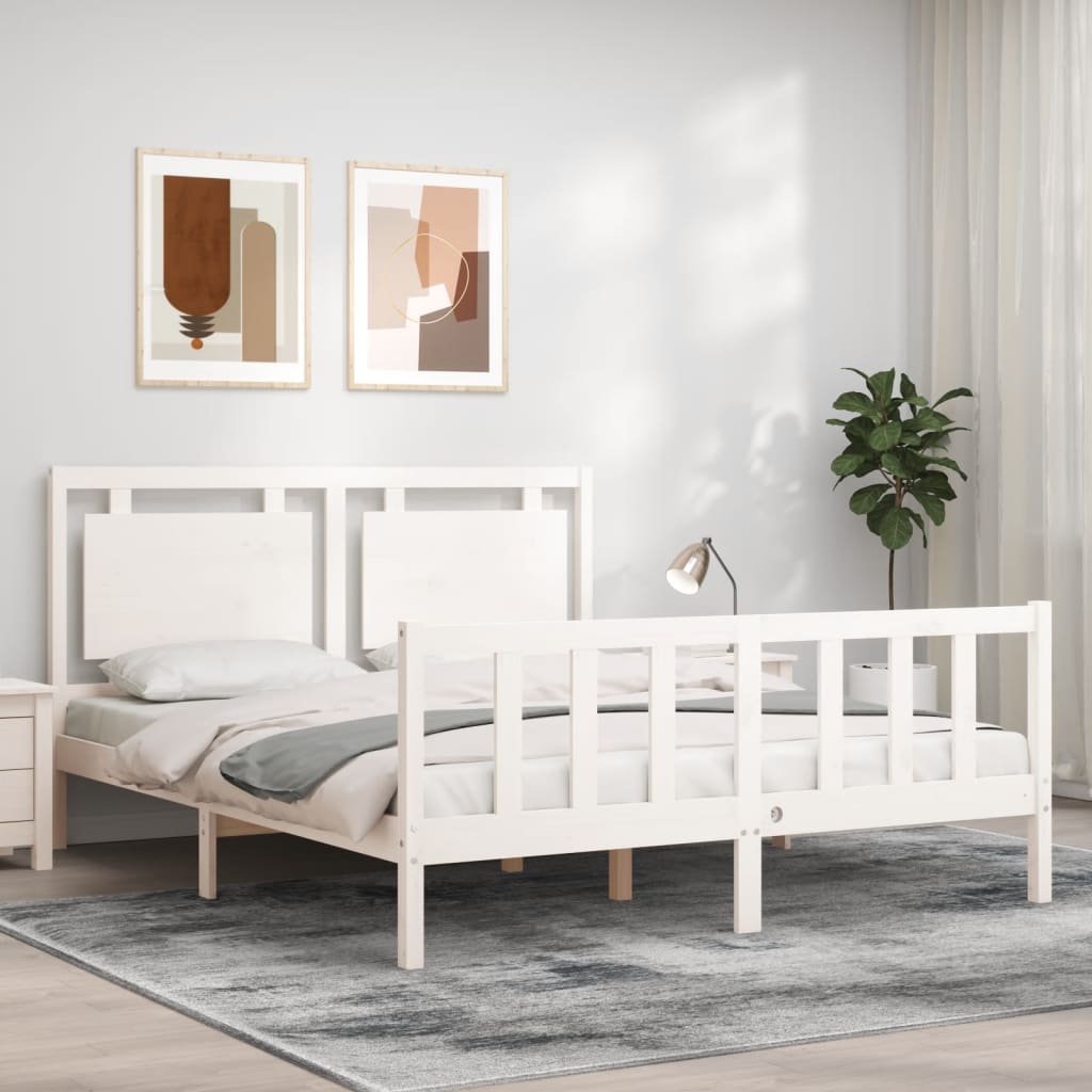 vidaXL Estructura de cama matrimonio con cabecero madera maciza blanco