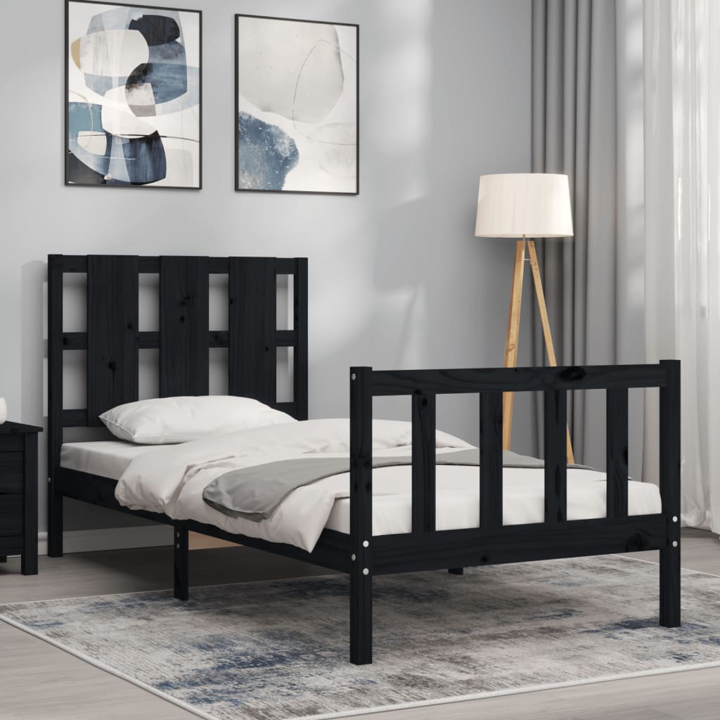 vidaXL Estructura de cama individual con cabecero madera maciza negro