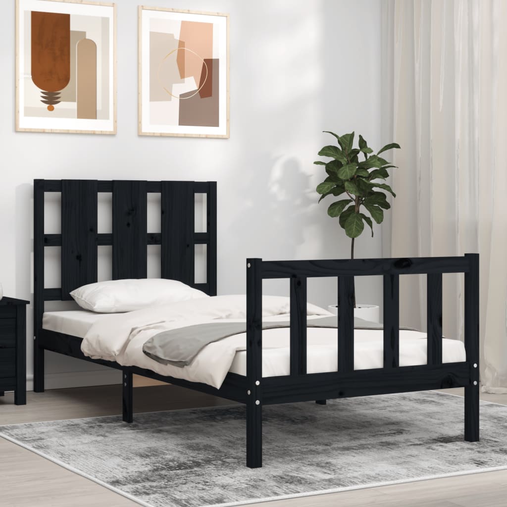 vidaXL Estructura de cama individual con cabecero madera maciza negro