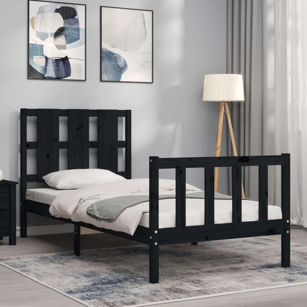 vidaXL Estructura de cama con cabecero madera maciza negro 90x190 cm