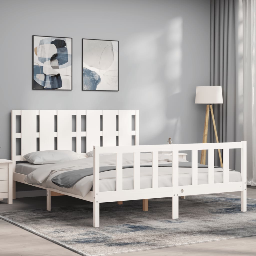 vidaXL Estructura de cama matrimonio con cabecero madera maciza blanco