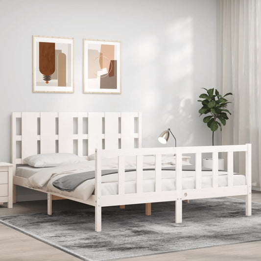 vidaXL Estructura de cama matrimonio con cabecero madera maciza blanco