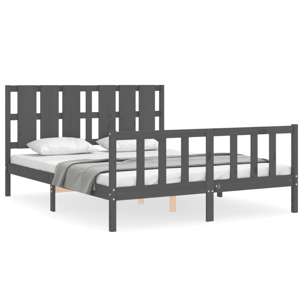 vidaXL Estructura de cama matrimonio con cabecero madera maciza gris