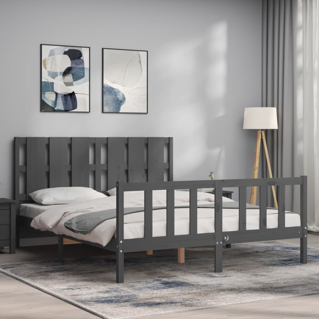 vidaXL Estructura de cama matrimonio con cabecero madera maciza gris