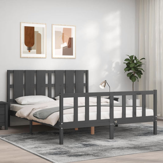 vidaXL Estructura de cama matrimonio con cabecero madera maciza gris