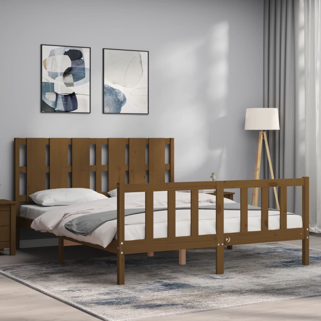 vidaXL Estructura de cama matrimonio con cabecero madera marrón miel